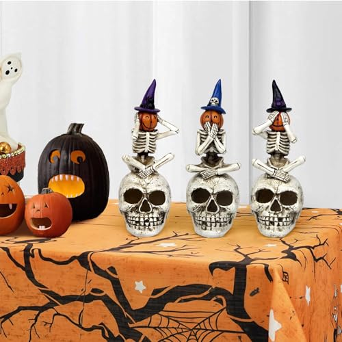 Halloween Skeleton Statue Set of 3, See Speak Hear No Evil Figurines - color: Pumpkin