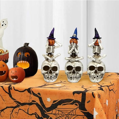 Halloween Skeleton Statue Set of 3, See Speak Hear No Evil Figurines - color: Pumpkin