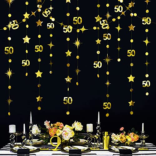 Gold 50th Birthday Decorations Number 50 Circle Dot Twinkle Star Garland Metallic Hanging Streamer Bunting Banner Backdrop for 50 Year Old Birthday Happy 50th Anniversary Fiftieth Party Supplies - color: Gold