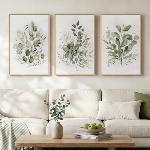 Framed 3 Piece Sage Green Botanical Wall Art for Living Room,16x24 In - color: Green & White, size: 16" W x 24" H x 3Pcs
