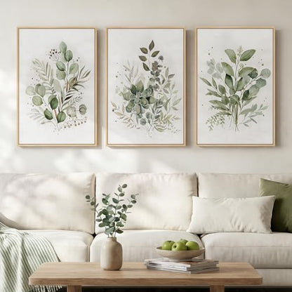Framed 3 Piece Sage Green Botanical Wall Art for Living Room,16x24 In - color: Green & White, size: 16" W x 24" H x 3Pcs