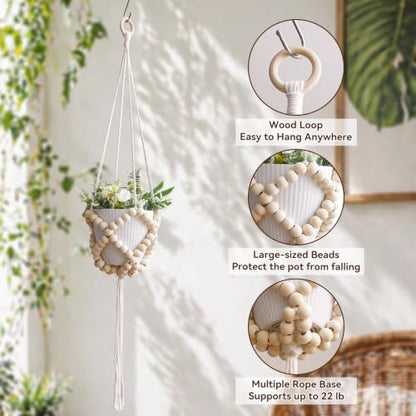 Artilady Macrame Beaded Plant Hanger,Boho Hanging Planter for Indoor Plants - color: Beige B
