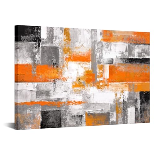 iKNOW FOTO Orange Grey Abstract Canvas Wall Art Modern Geometric Painting for Living Room Bedroom Office Framed Contemporary Textured Artwork Ready to Hang 24x36 Inch