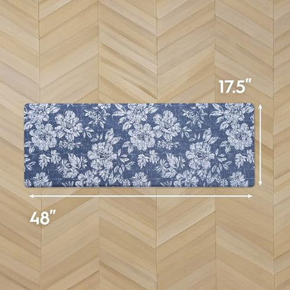 Laura Ashley - Anti-Fatigue Kitchen Mat, Iris Floral Design, Stain, Water & Fade Resistant, Cooking & Standing Relief, Non-Slip Backing, Measures 17.5" x 48", Navy Iris - color: Navy, size: 48"L x 17.5"W x 0.47"Th