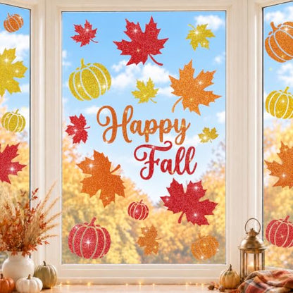 Glitter Fall Window Clings Autumn Thanksgiving Window Stickers Decals Decor - color: Fall Glitter