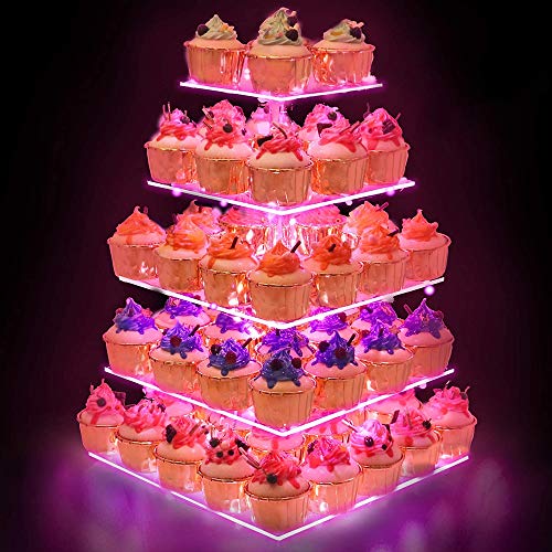 YestBuy Cupcake Stand with Pink Lights, Cupcake Tower Stand for 60 Cupcakes - color: Pink, size: 5 Tier Square