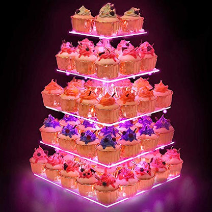 YestBuy Cupcake Stand with Pink Lights, Cupcake Tower Stand for 60 Cupcakes - color: Pink, size: 5 Tier Square