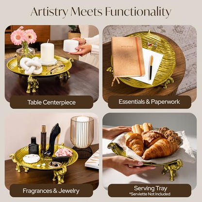 Antique Gold Tray with Elephant Stand - Round Coffee Table Centerpiece - color: Antique Gold