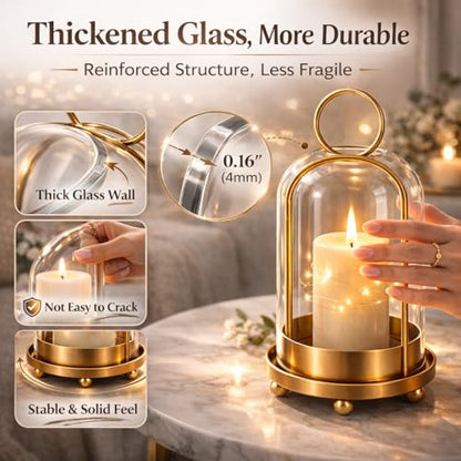Glass Candle Lantern Brass Hurricane Candle Holders Set for Pillar Candles, Tabletop & Hanging Decor for Living Room, Dining Table, Patio & Events