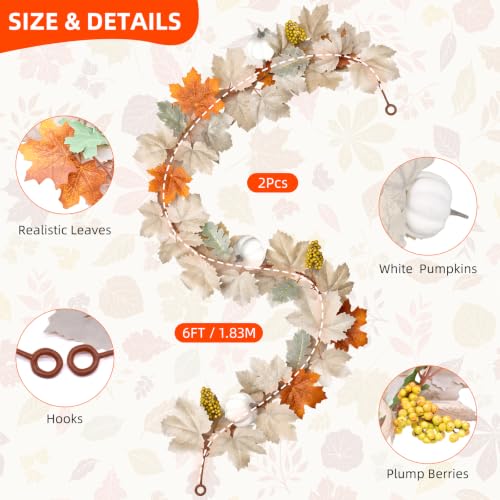2 Pack Fall Garland with Pumpkins and Berries – 6ft Artificial Maple Leaf Garlands with Cream and Orange Leaves for Thanksgiving, Fireplace, Front Door, Farmhouse Autumn Decorations