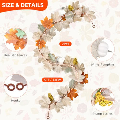 2 Pack Fall Garland with Pumpkins and Berries – 6ft Artificial Maple Leaf Garlands with Cream and Orange Leaves for Thanksgiving, Fireplace, Front Door, Farmhouse Autumn Decorations