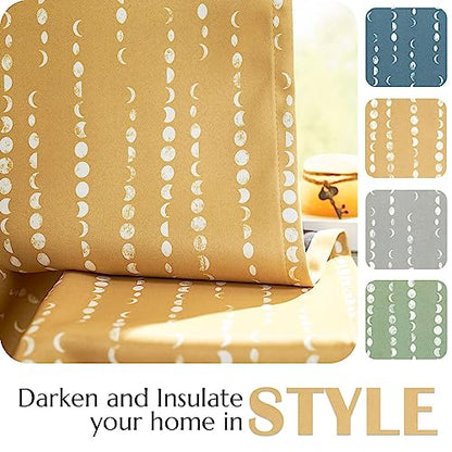 jinchan Boho Blackout Curtains 63 Inch Length Moon Phase Printed Drapes - color: Luna | Mustard Yellow, size: 52"W x 63"L (Pack of 2)