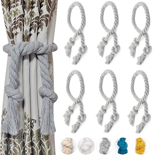 6 Pack Curtain Ties Rope, Outdoor Curtain Tiebacks, Natural Cotton Curtain Holders, Village Rustic Farmhouse Curtain Holdbacks, Nautical Curtain TieBacks for Patio Pergola Drapes, Grey - color: Grey Rope 6 Pack