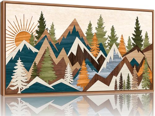 Tinonedraw Large Mountain Framed Canvas Wall Art, Boho Rustic Sunrise Forest Wall Decor, Vintage Woodsy Nature Art Painting, Modern Wilderness Trees Art Print for Living Room Bedroom Office 20"x40" - color: Sunrise Mountain, size: 40"L x 20"W