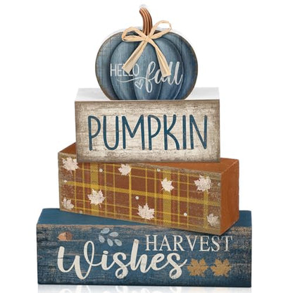Lineshading 4 Pcs Blue Pumpkin Wooden Block Signs Fall Farmhouse Decor - style: Blue Pumpkin