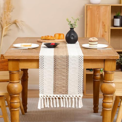 120 inch Boho Table Runner with Tassels Khaki Striped Fall Decor - color: Khaki Stripes