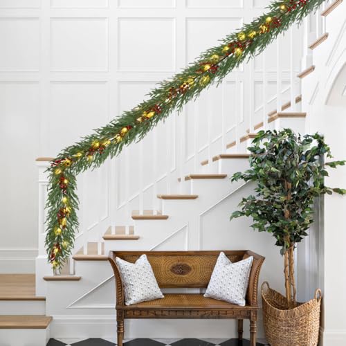 YoleShy 6FT Norfolk Pine Garland Christmas Garland with Lights Red Berry - color: Red Berry