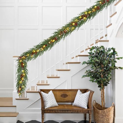 YoleShy 6FT Norfolk Pine Garland Christmas Garland with Lights Red Berry - color: Red Berry