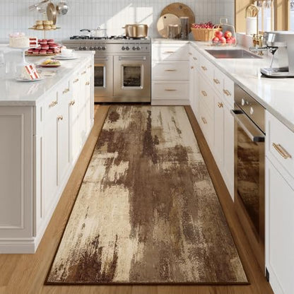 Kelarea Washable Runner Rug 2x6, Non-Slip Low Pile Abstract Brown - color: Brown, size: 2' x 6' (Rectangular)