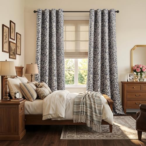 jinchan Blue Floral Curtians 96 Inch Room Darkening Grommet 2 Panels - color: *Dusty Blue, size: 50"W x 96"L (Pack of 2)