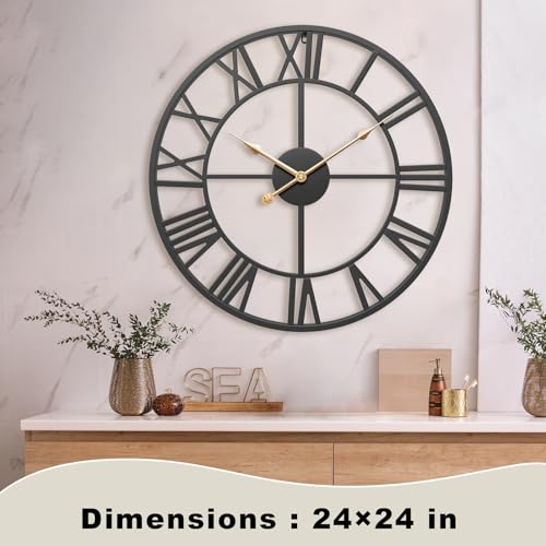 24 Inch Black Modern Metal Roman Numerals Large Wall Clock - color: Black, size: 24 Inch
