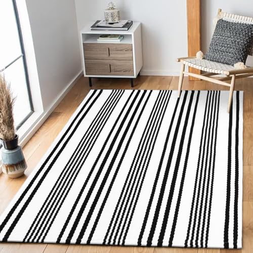 LEEVAN 3'X5' Black and White Striped Woven Cotton Reversible Outdoor Rug - color: 1white Strip, size: 3' x 5'