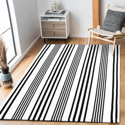 LEEVAN 3'X5' Black and White Striped Woven Cotton Reversible Outdoor Rug - color: 1white Strip, size: 3' x 5'