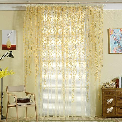 Ufurty 2pcs Willow Leaf Window Curtain Voile Tulle Sheer Vine Curtains - color: Yellow Leaf, size: 39.4"W x 78.7"L (Pack of 2)
