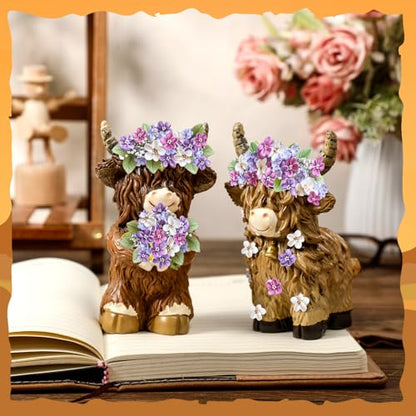 2 Pcs Resin Highland Cow Figurines Decor, Lilacs Theme - style: Lilacs