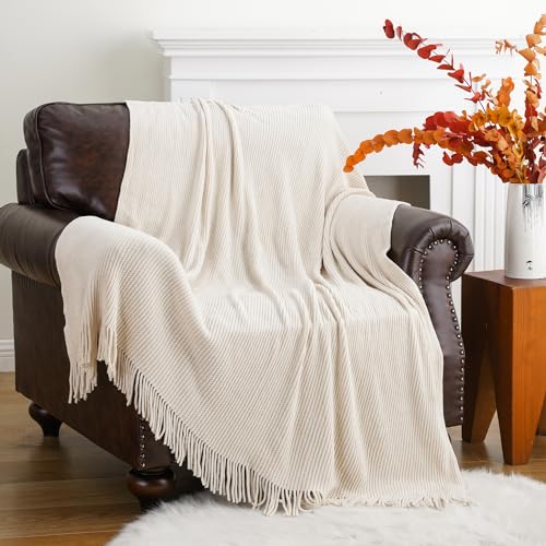 BATTILO HOME Beige Throw Blanket for Couch, Soft Chenille Knit Throws with Tassels for Home Decor, White Cream Throws for Bed Couch Cover, 60"x80" - color: Chenille-beige, size: 60 x 80 in.