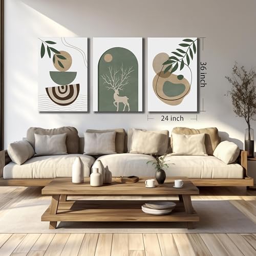 Boho Sun Canvas Wall Art Set of 3, Neutral Abstract Minimalismt Bohemian Geometric & Botanical Plants Pictures Prints Artwork Paintings Wall Decor for Bedroom Living Room Home Decoration 24x36 inches