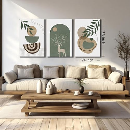 Boho Sun Canvas Wall Art Set of 3, Neutral Abstract Minimalismt Bohemian Geometric & Botanical Plants Pictures Prints Artwork Paintings Wall Decor for Bedroom Living Room Home Decoration 24x36 inches
