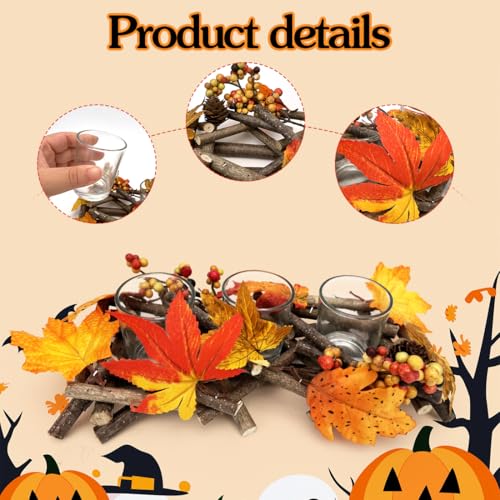 Candle Holder Autumn Decoration, Handmade Candle Holder, Wooden Tea Light Holder, Autumn Decoration with 3 Glass Cups, Lantern, Autumn Decorative Candle Holder, Fall Decor Aesthetic Indoor