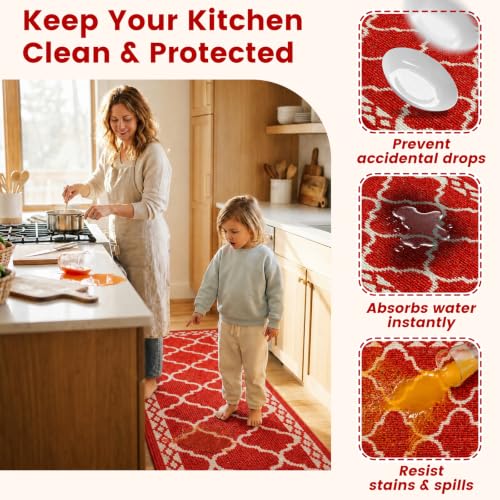 3 Piece Kitchen Rugs, Non Slip Waterproof Mats for Home(Red) - color: Red, size: 3-SET
