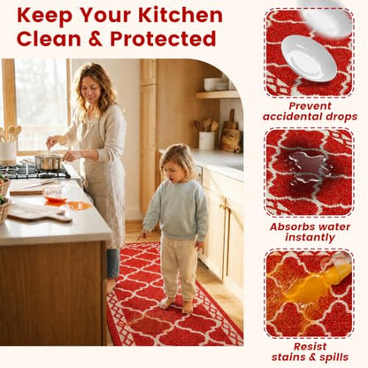 3 Piece Kitchen Rugs, Non Slip Waterproof Mats for Home(Red) - color: Red, size: 3-SET