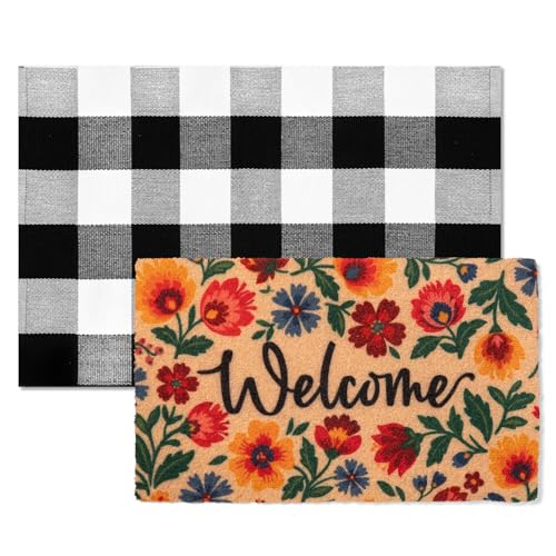 2-Piece Layered Welcome Mat Set - Coir Doormat & Buffalo Plaid Rug - color: Spring Flower 2