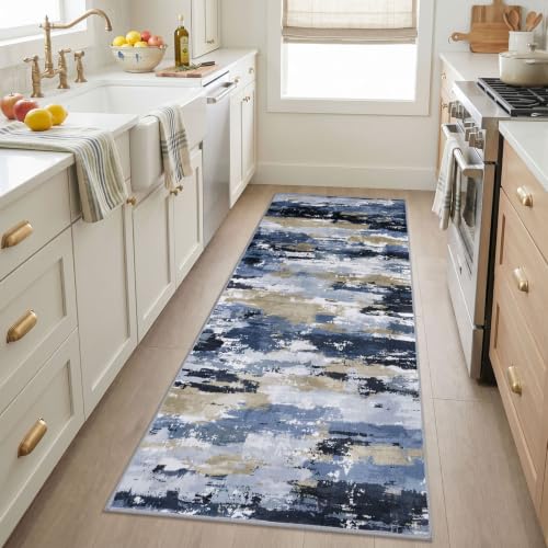 Abstract Washable 3x6 Runner Rug Non Slip Runners for Hallway - color: Navy / Blue / Taupe, size: 3' x 6' (Runner)