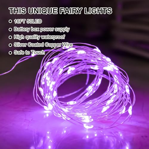 Purple Fairy Lights Battery Operated (Included), 8 Modes & Auto timer, 16FT 50Led Mini Twinkle Silver Wire Firefly Starry lights, Waterproof Battery Operated Lights for Party Bedroom Christmas - color: Blue, size: 1 Pack - Batteries Included