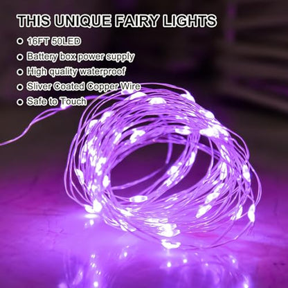 Purple Fairy Lights Battery Operated (Included), 8 Modes & Auto timer, 16FT 50Led Mini Twinkle Silver Wire Firefly Starry lights, Waterproof Battery Operated Lights for Party Bedroom Christmas - color: Blue, size: 1 Pack - Batteries Included