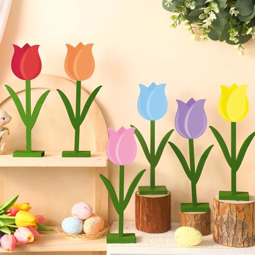 Yuntau 6pcs Spring Tulips Wood Signs Rustic Farmhouse Tulip Flowers Table Decoration Retro Tulip Table Centerpiece Tiered Tray Decor Multicolor Tulips Floral Block Tabletop Signs Home Decor(Stylish) - style: Stylish