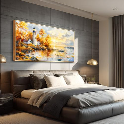 Ocean Beach Canvas Wall Art for Bedroom Lighthouse Seascape Painting 30x60 - color: Lighthouse Painting Wood Framed, size: 60"L x 30"W