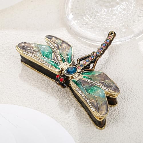 Hand Painted Enamel Dragonfly Hinged Trinket Box, Unique Mini Ring Necklace Jewelry Organizer, Classical Antique Bejeweled Storage, Figurine Collectible Keepsake Home Decor (Dragonfly)