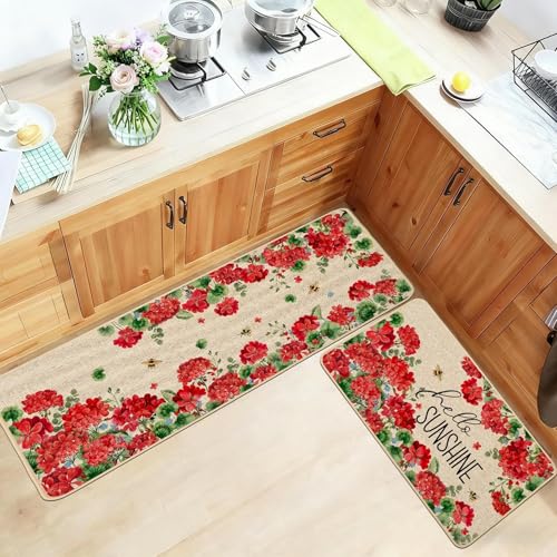 Baccessor Summer Kitchen Mats Set of 2, Geranium Floral Bee Kitchen Rugs for Floor Non Slip Absorbent Low-Profile Seasonal Farmhouse Home Decor 17x29 and 17x47 Inch - color: Geranium