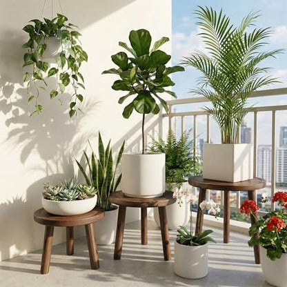 Wood Plant Stands Indoor, 3-Pack Single Plant Stand for 6-12 Inch Pots, Mid-Century Modern Plant Stool, Tall Wooden Plant Stand for Large Plants Perfect Fit for Living Room, Balcony, Office(Dark Brown)