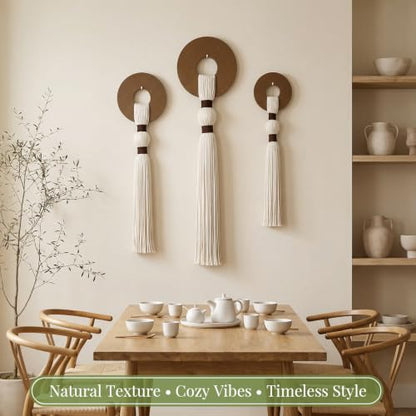 Tegeme 3 pcs Macrame Wall Hanging decor, Disc Tassel, Beige, Wood - size: Wood, style: Disc Tassel