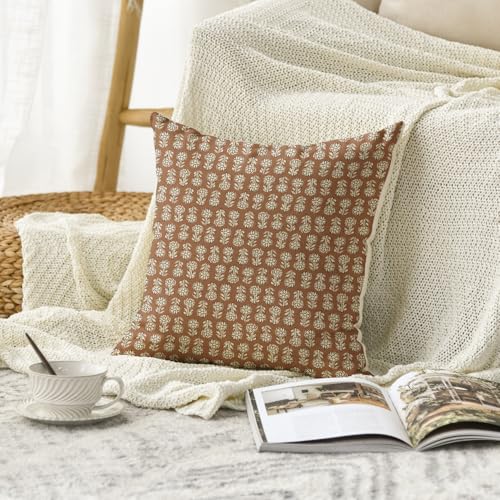 AVOIN colorlife Vintage Floral Boho Throw Pillow Cover, 18 x 18 Inch Modern Farmhouse Bohemia Flowers Light Orange Brown Cushion Case Decoration for Sofa Couch Living Room Bedroom Decor - color: Orange Brown, size: 18" x 18" (Pack of 1)