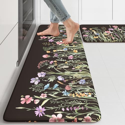 KIMODE Anti Fatigue Mats for Kitchen Floor, Farmhouse Floral Kitchen Rugs - color: Floral/Black, size: 47"L x 17.3"W x 0.47"Th + 29"L x 17.3"W x 0.47"Th