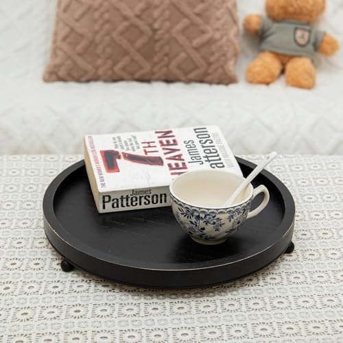 GENMOUS 12in Decorative Tray for Home Decor - Black Wood Iron Bead Round Tray for Coffee Table, Rustic Wooden Tray, Farmhouse Trays Centerpiece for Living Room, Kitchen Table Dining Decor - color: Black