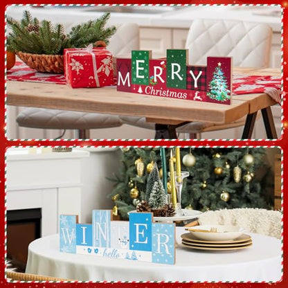Christmas Table Decorations Wooden Winter Table Centerpieces Merry Christmas Reversible Double-sided Pattern Sign Standing Tabletop Merry for Holiday Office Desk Party Shelf Farmhouse