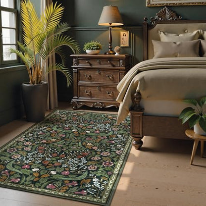 Lahome Olive Green Botanical Rug, 3x5 Washable Floral Entryway Rug - color: Green, size: 3' x 5'